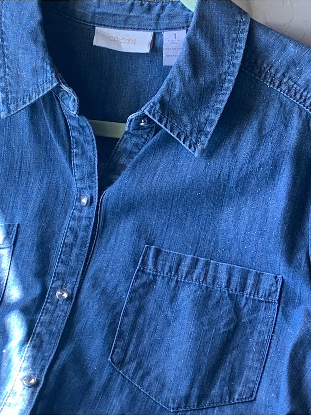 Chico’s Dark Blue Denim Button-Up Shirt Two Pocket With Rhinestone Buttons